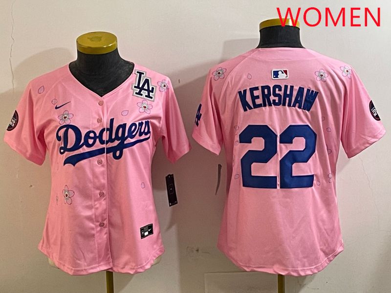 Women Los Angeles Dodgers #22 Kershaw Pink White Blue Sakura Edition 2025 Nike MLB Jersey style 9->women mlb jersey->Women Jersey